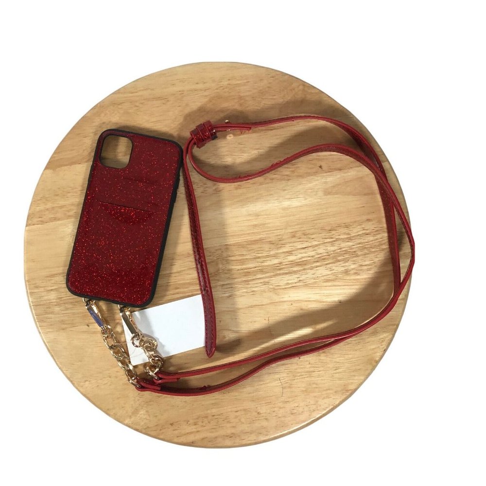 NEW Nordstrom Iphone 11 Case Card Holder Detach Crossbody Strap Red Glitter - Picture 2 of 5